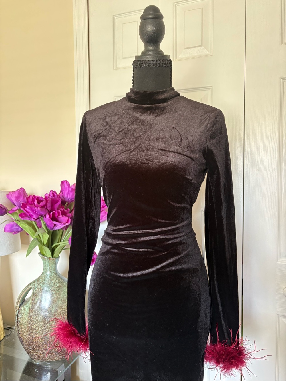 Honey and Rosie Black Plum Velvet Backless Bodycon Dress with Feather Cuffs
